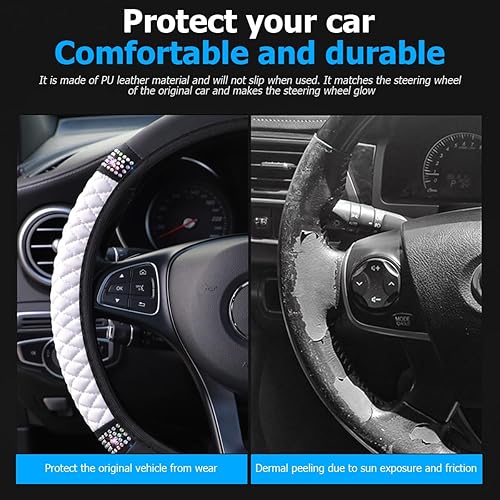 Miniatura 59 de Funda brillante para volante de automóvil, 15 pulgadas, con diamantes de imitación brillantes, piel suave, protector elástico, para mujeres, niñas