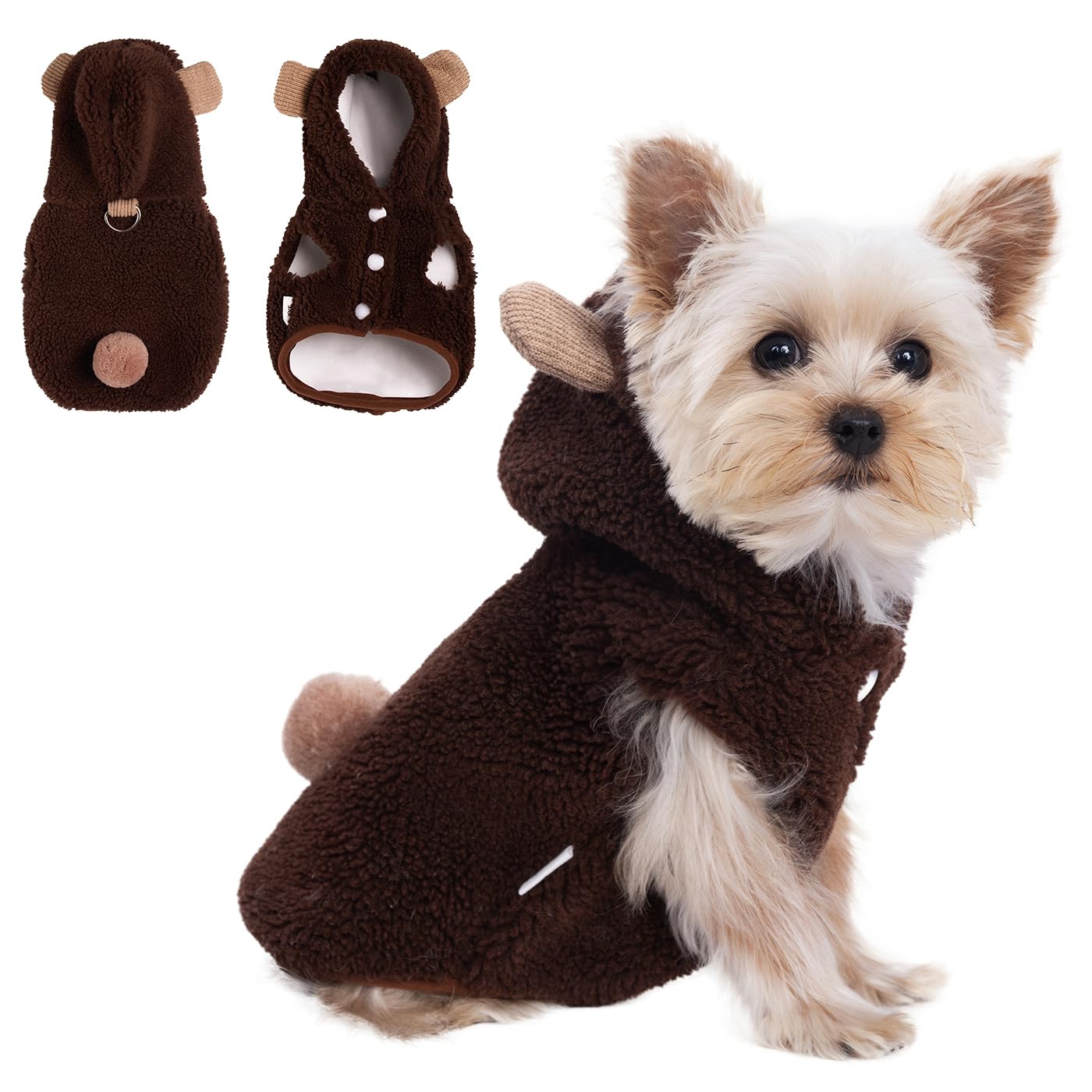 PupCorner Winter Small Dog Double Fleece Hoodie, Cute Warm Sleeveless Buckle Sweater for Teacup Chihuahua Yorkshire, Coat for Small Medium Dogs and Cats (Brown, Medium)