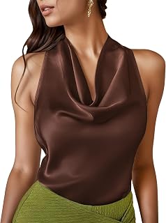 LAOTEPO Women's Cowl Neck Halter Silk Satin Tank Top - Trendy Summer Camisole for Business Casual & Going Out Outfits