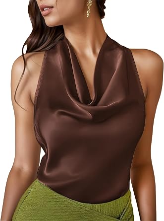 LAOTEPO Silk Satin Halter Tops for Women Cowl Neck Going Out Tank Top