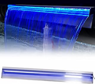 Pool Fountain Stainless Steel Rectangular Pond Pool Waterfall Spillway Swimming Pool Garden Outdoor Cascade Water Feature with LED Strip Light