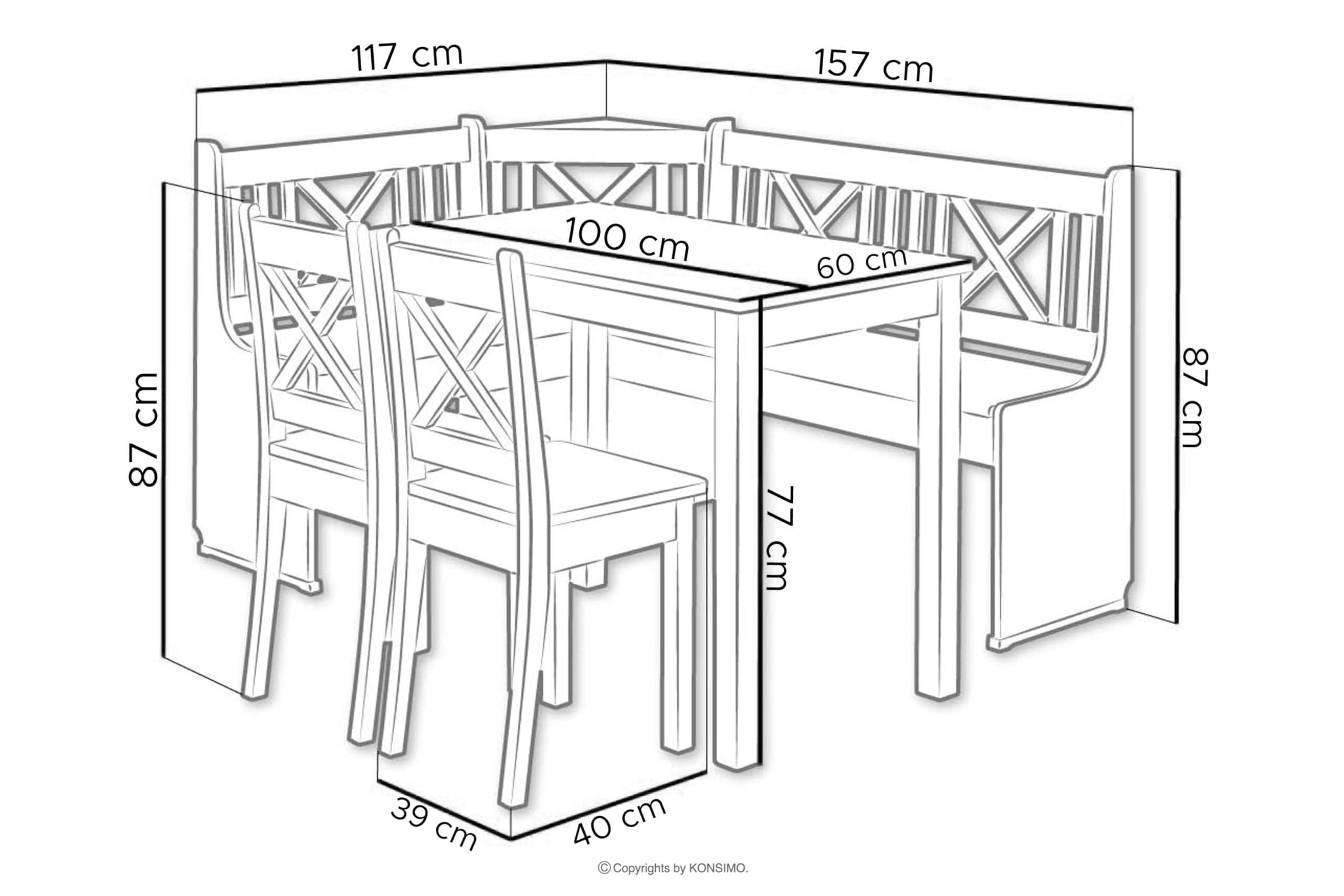 Eckbankgruppe CULIO Küchenbank, Sitzgruppe, hergestellt in der EU (Staufach unter der Sitzfläche, 4-tlg., Eckbank, 2 Stühle und Tisch), perfekt für Küche, Massives Erlenholz, Landhaus (weiß/hellgrau)