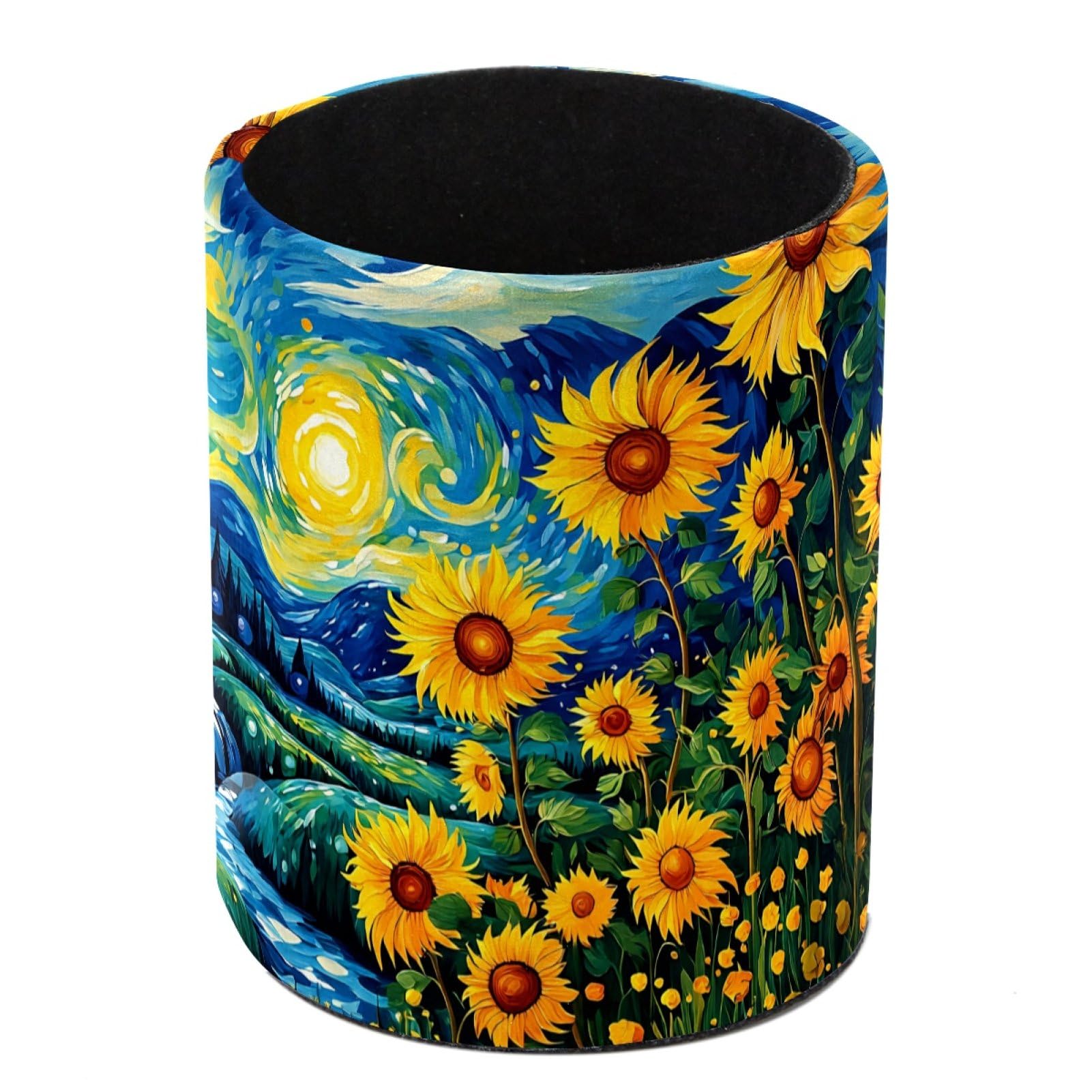 Luoweisi Sunflower Pen Holder for Desk, Leather Pen Pot, Desk Pencil Holder Round Makeup Organiser Home Office School Suppliers