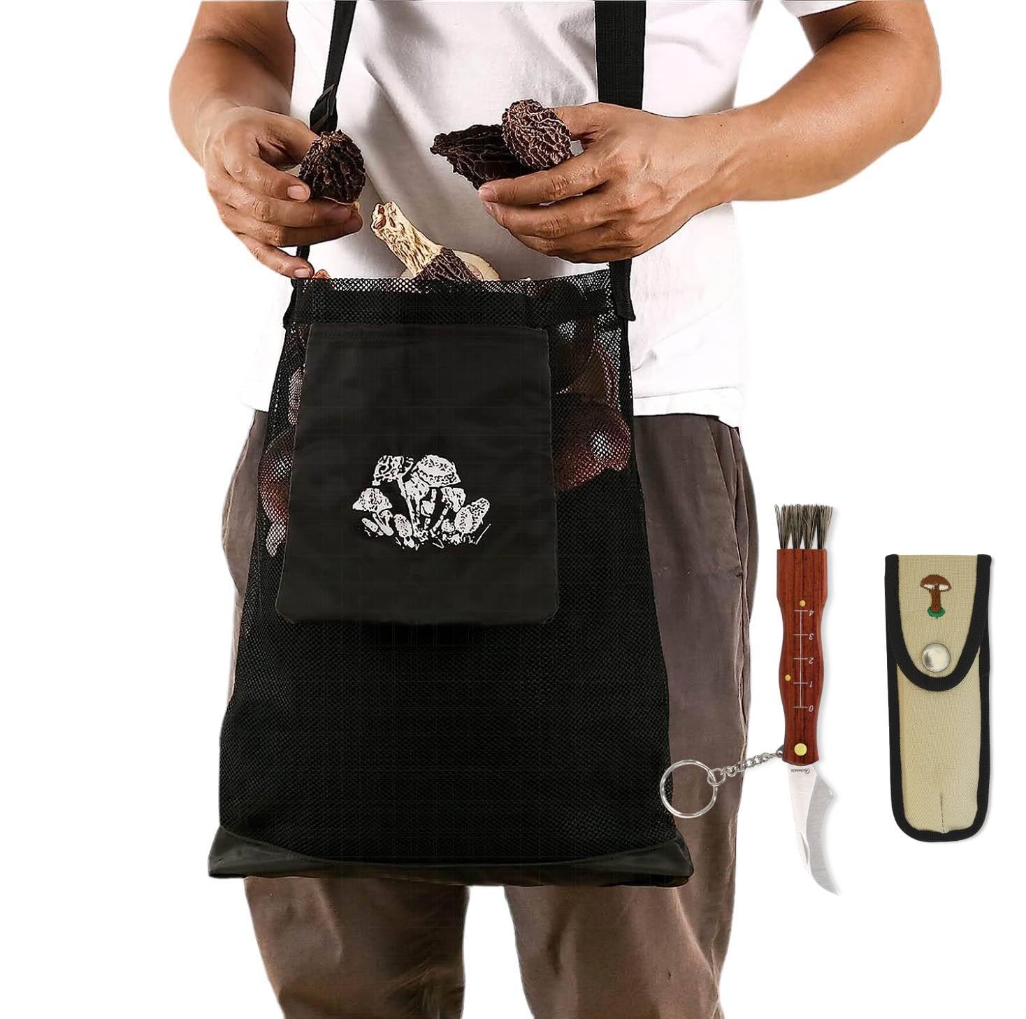 Ensemble Sac et Couteau pour la cueillette des Champignons et des Fruits - Sac en Maille libérant des Spores - - Couteau avec étui et Manche en Bois