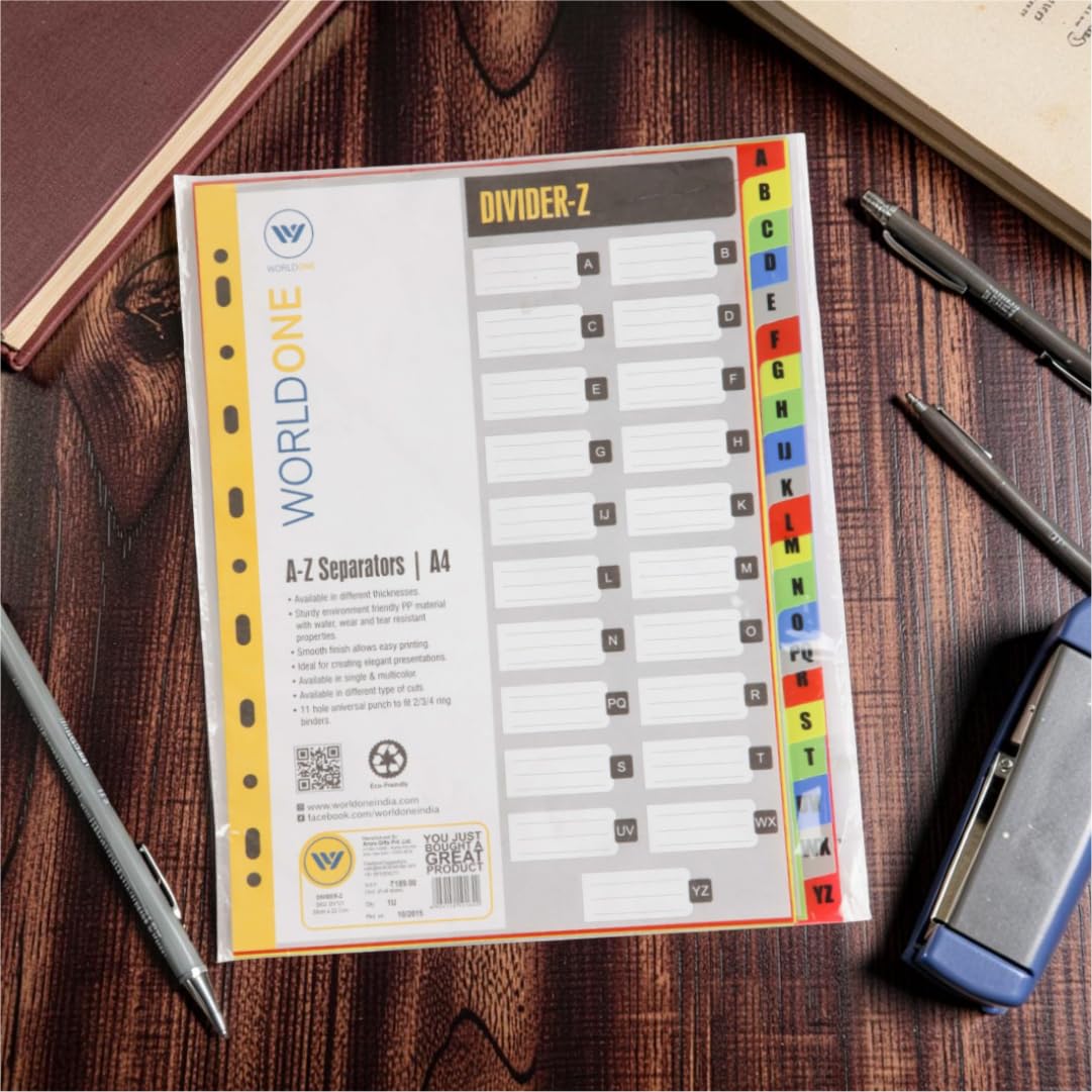 Worldone Multicoloured Divider, A-Z Marked Tabs for Easy Customisation, Tear Resistant PP Material, Smooth Finish, 11 Universal Punch, 2 Packs of A4 size-21 Separators, Ideal for Presentations 1