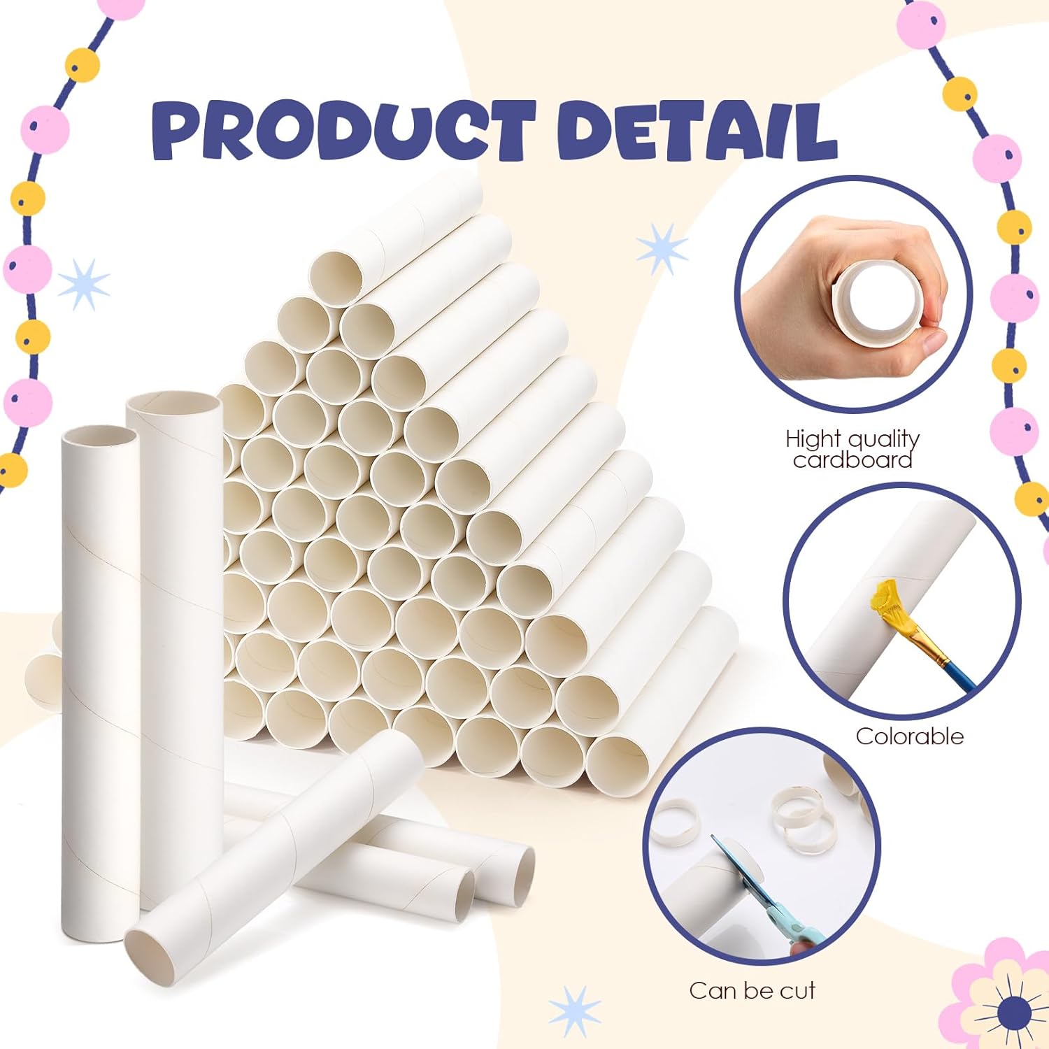 MotiMind 60 Pcs Cardboard Tubes for Craft 2 Size Empty Paper Towel Rolls Cardboard Toilet Paper Tubes Bulk for DIY Projects(White,1.4 x 10 Inch, 1.6 x 10 Inch)