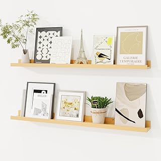 Picture Ledge Shelf, Solid Pine Wood Floating Shelves Set of 2, 32 Inches Nursery Book Shelves for Toys Storage, Kids Bookshelf Wall Mounted for Living Room Bedroom Decor Books Photo Frames, Natural