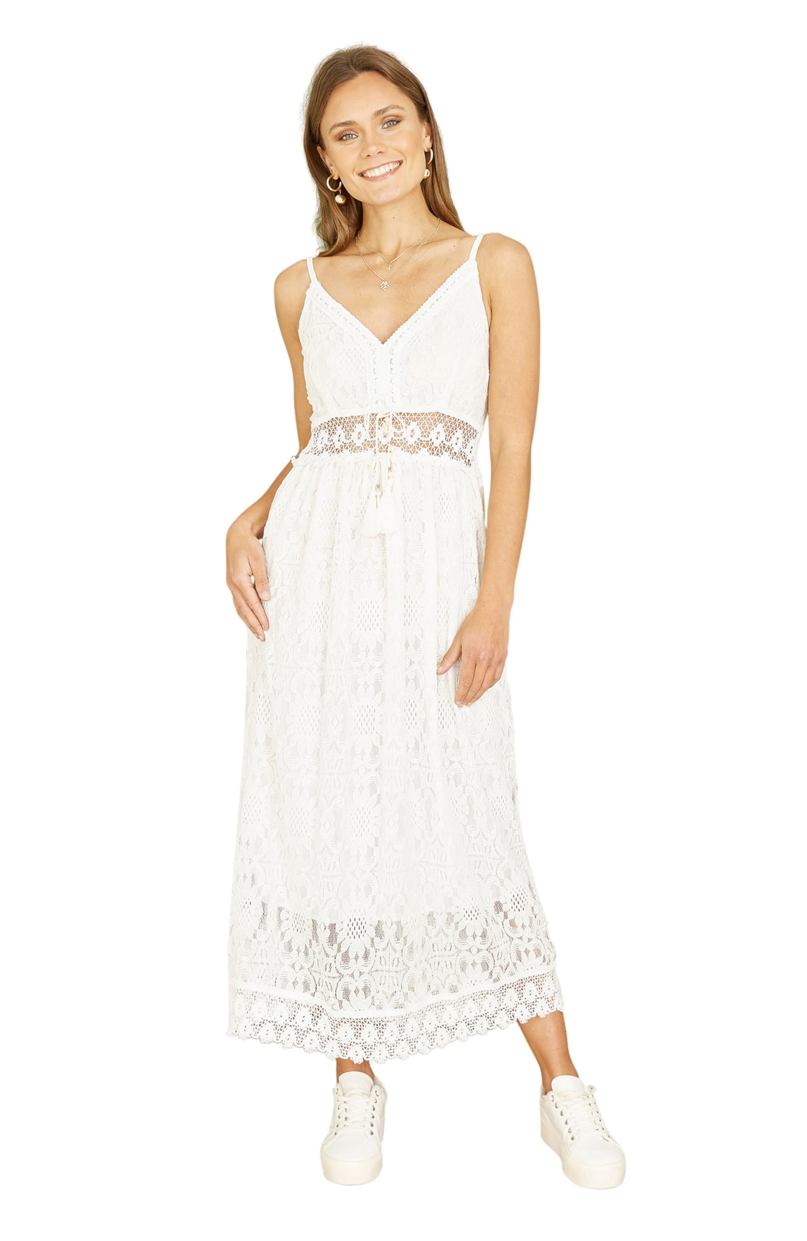 Yumi Women's White Lace Midi Sundress With Tassel Tie And Ruched Back (Uk, Alpha, S, Regular, Regular, )