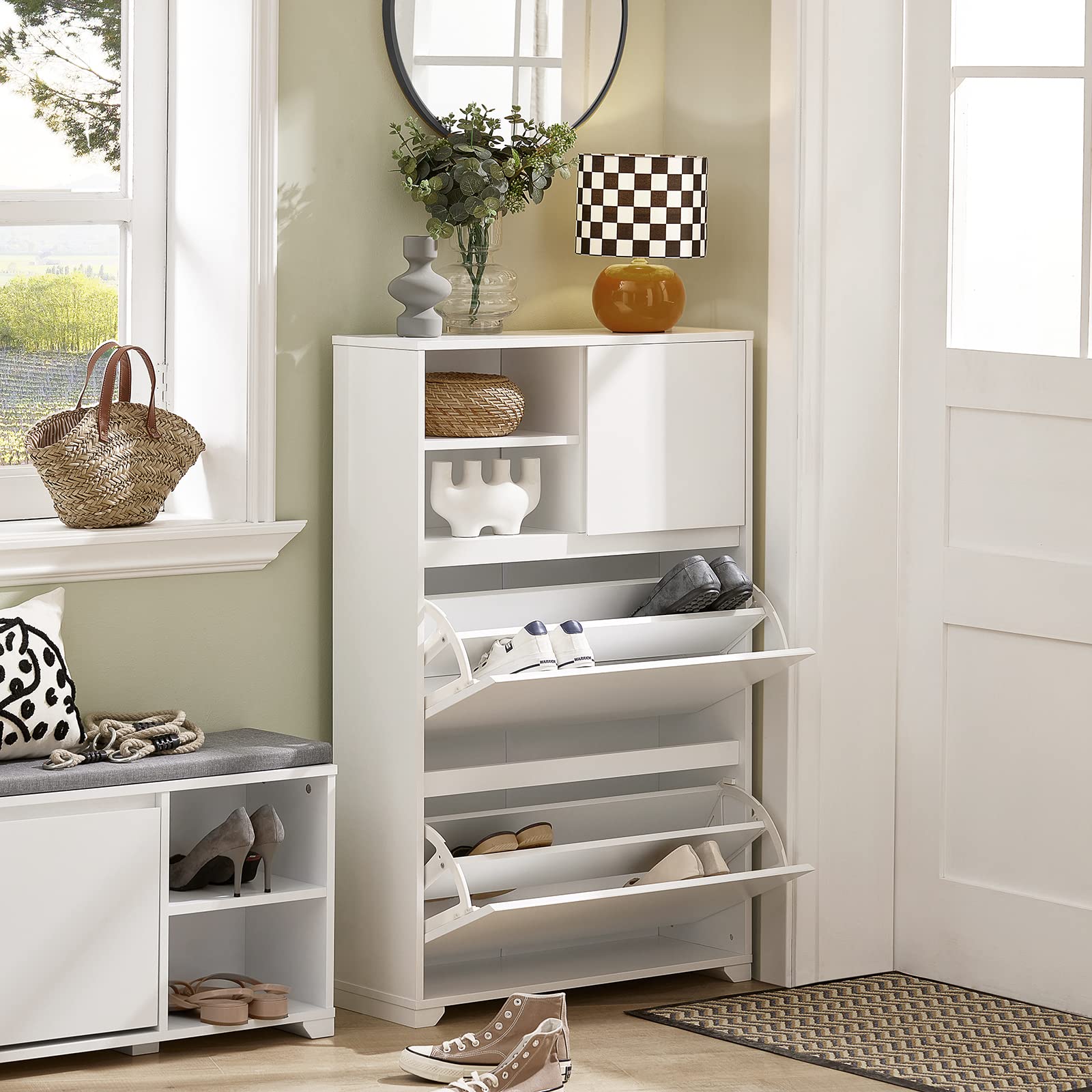 SoBuy FSR111-W Armario de Entrada Blanco Zapatero 2 Solapas,1 Puerta y 2 Compartimentos Abiertos 71 x 24 x 118 cm ES