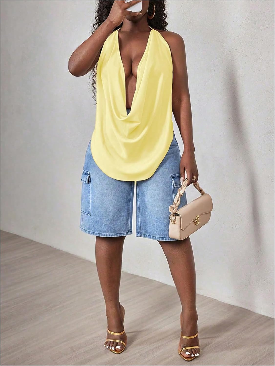 SOLY HUX Women's Sexy Cowl Neck Tops Deep V Neck Draped Halter Tie Back Y2K Going Out Cami Tops - Image 5