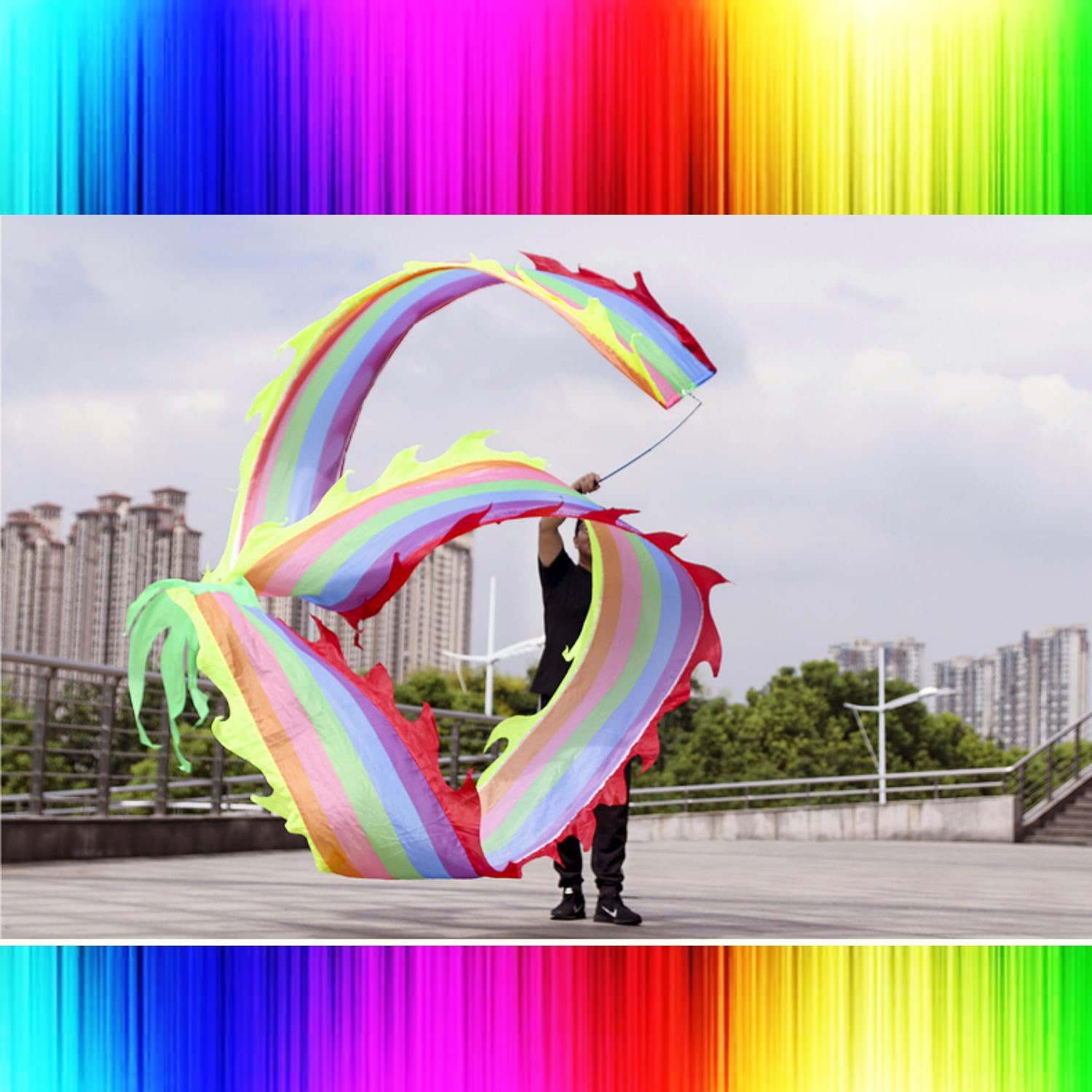 Washable Silk-Like Rainbow Dragon Ribbon Streamer with Adjustable Rod - Outdoor Flinging Fitness Dragon Dance Wu Long Rainbow Color Dragon Poi with Foam Handstick + Travel Bag!