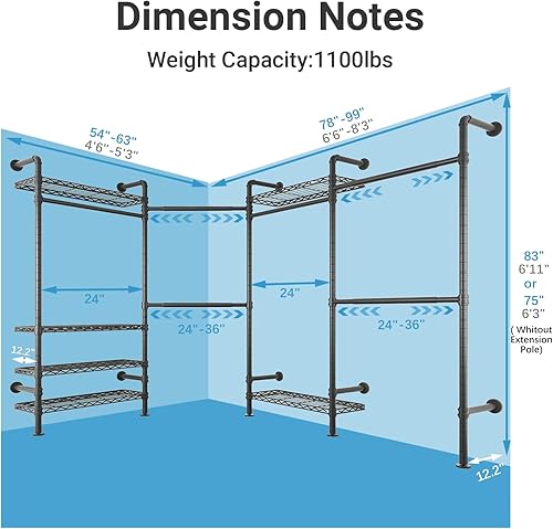 Miniatura 4 de Timate Perchero de ropa en forma de L L4 resistente para colgar ropa, perchero industrial expandible para ropa de tubería industrial montado en la
