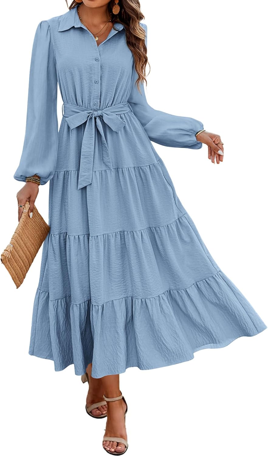 dowerme Women's Long Sleeve Dress 2025 Button Down Belted A-Line Flowy Fall Outfits Ruffle Maxi Holiday Party Dresses