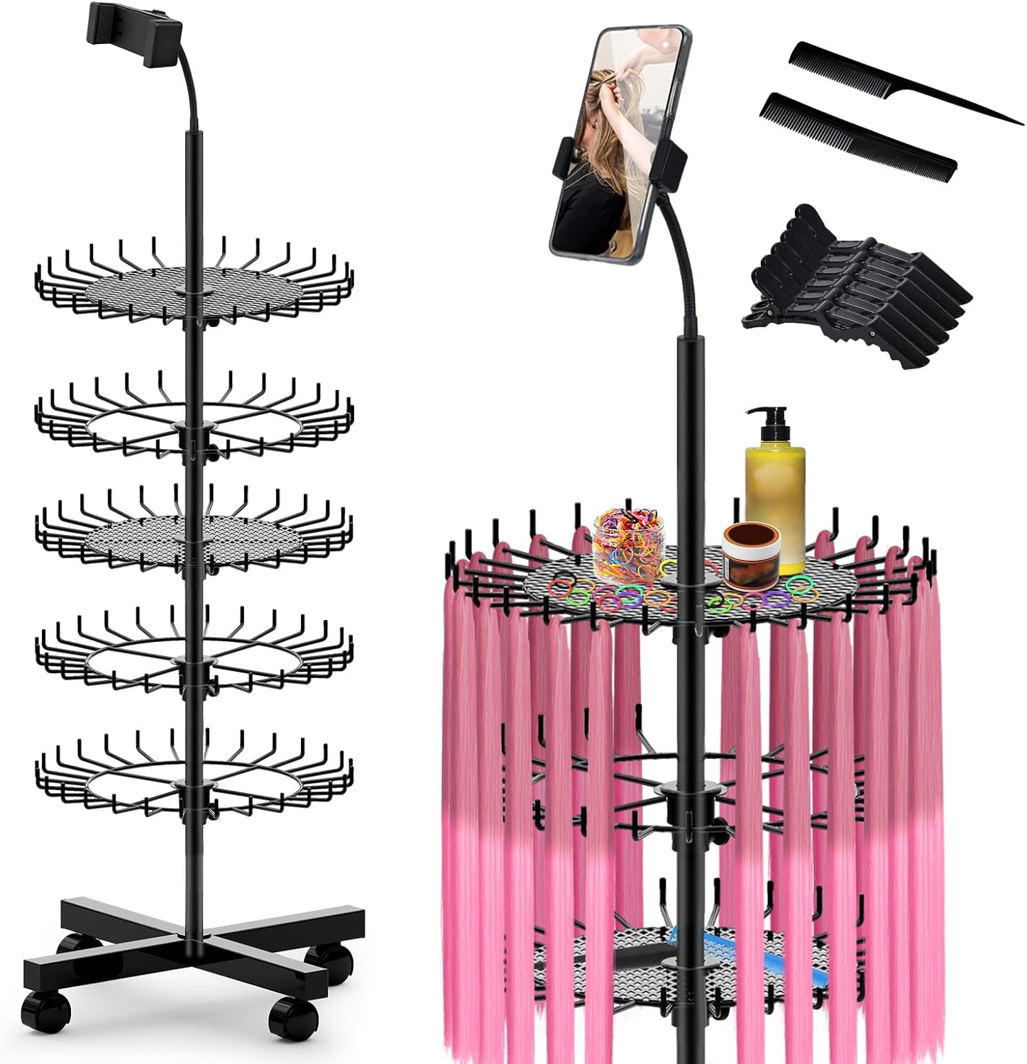 Braiding Hair Rack Standing with 140 Pegs, Height Adjustable Hair Extension Holder with Wheels, Braiding Rack Stand for Hair with Phone Holder for Displaying & Separating Hair (Black)