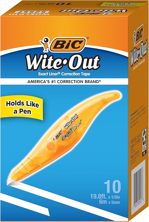BIC Wite-Out Brand Exact Liner Correction Tape, 19.8 Feet, 10-Count Pack of White Correction Tape, Fast, Clean and Easy to Use Tear-Resistant Tape Office or School Supplies