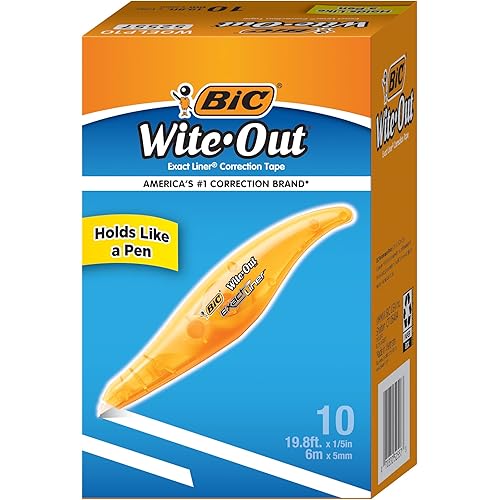 BIC Wite-Out Brand Exact Liner Correction Tape, 19.8 Feet, 10-Count Pack of White Correction Tape, Fast, Clean and Easy to Use Tear-Resistant Tape Office or School Supplies