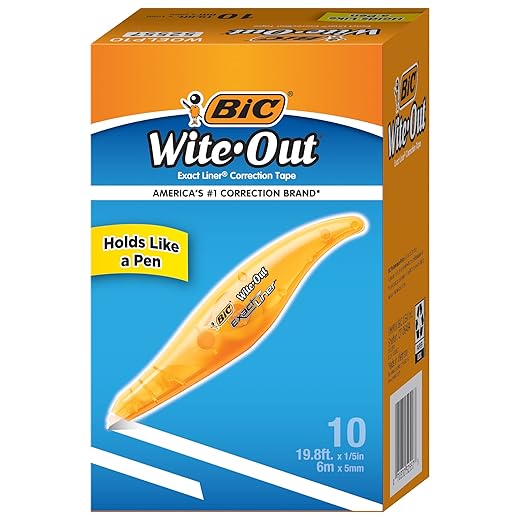 BIC Wite-Out Brand Exact Liner Correction Tape, 19.6 Feet, White, Fast, Clean and Easy to Use Tear-Resistant Tape, 10-Count