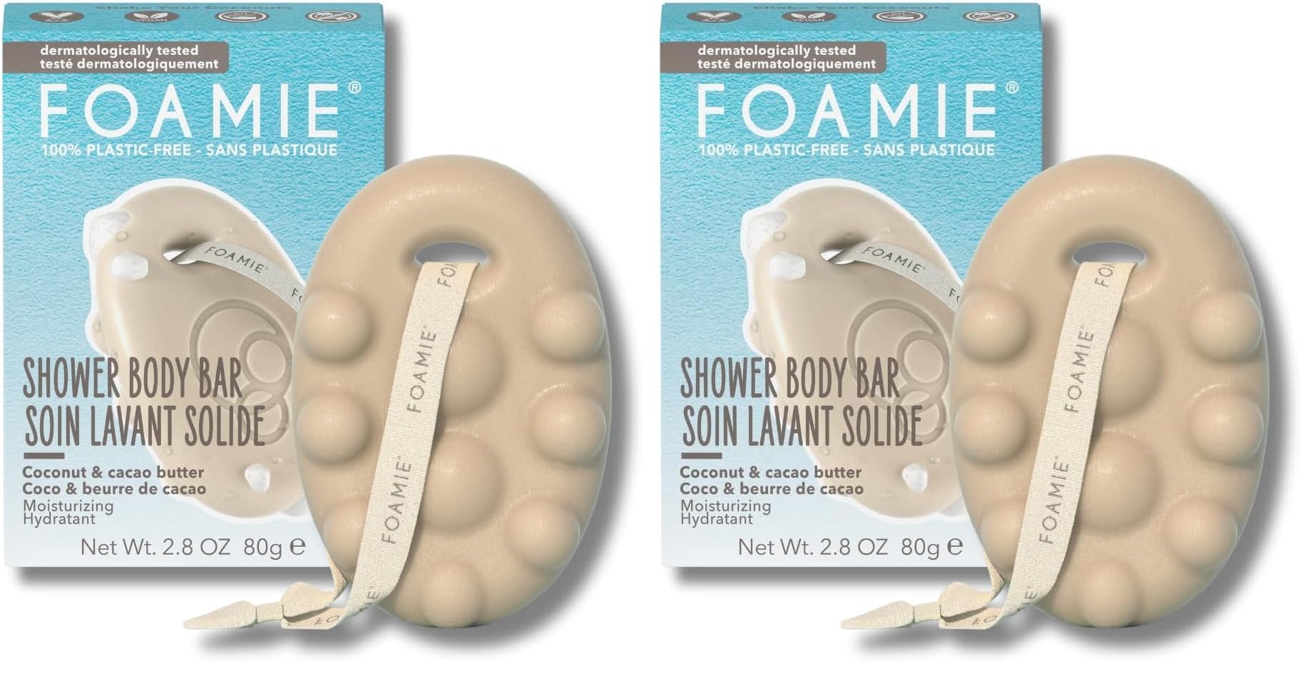 Foamie Body Bar Shake Your Coconuts – Fester Dusch Bar mit Kokosöl & Kakaobutter – 3in1 Massage, Reinigung & Pflege – Für alle Hauttypen – Vegan, plastikfrei & pH-hautneutral, 80 g (Packung mit 2)