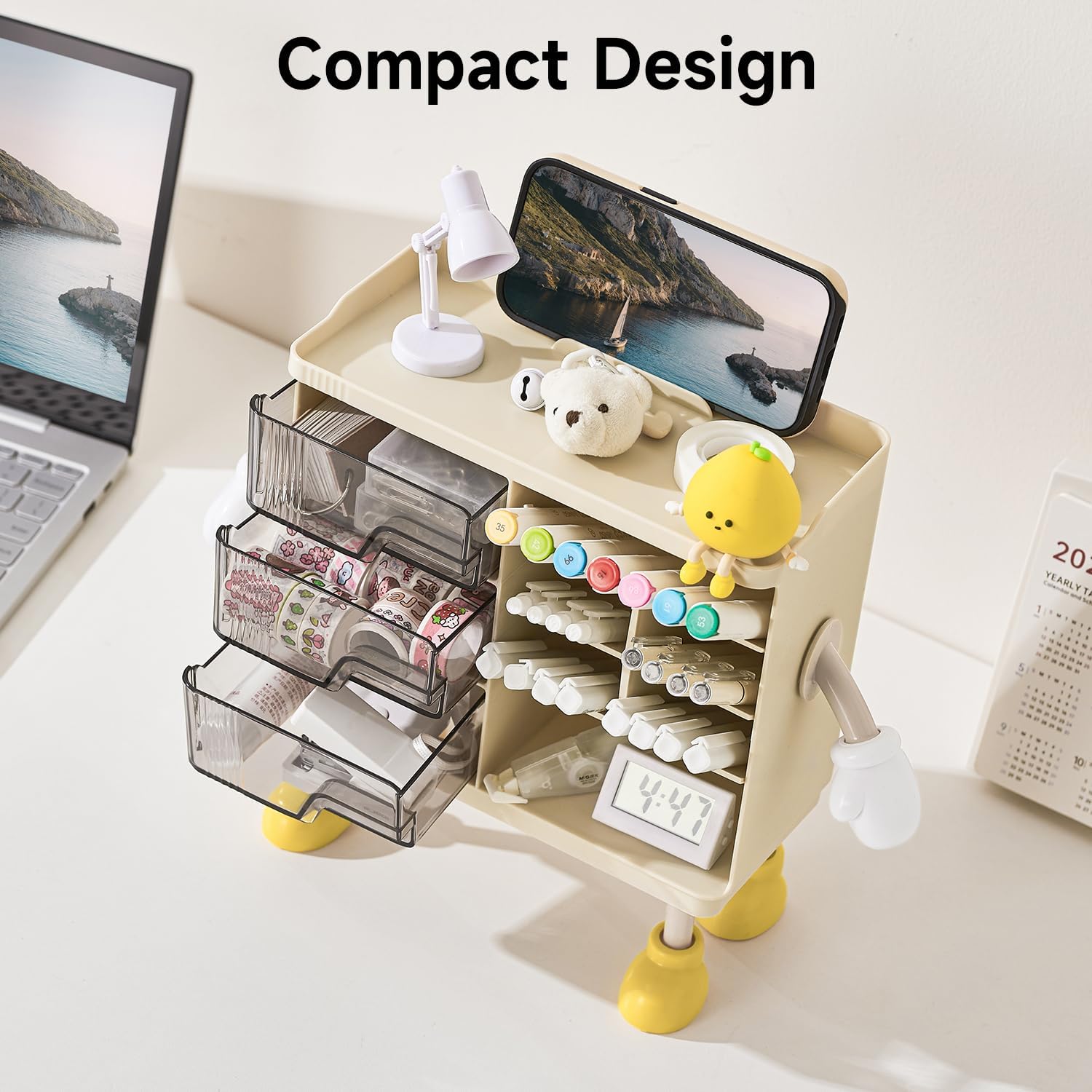 Desktop Organizer with 3M Adhesive Accessories, 3 Drawer Pencil Holder for Desk with Dividers, Perfect for Office Supplies, Stationery, and Small Items, Beige and Transparent Design image 7 of 7 B0DXPD8SHY