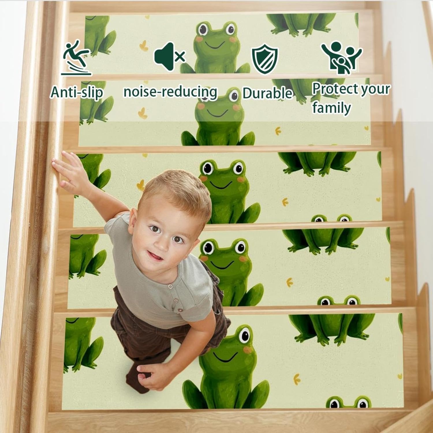15 Pack Cute Frog Carpet Stair Treads for Wooden Steps Indoor, Slip Resistant Stair Rug Staircase Step Treads Pads for Pet, Kids and Elderly