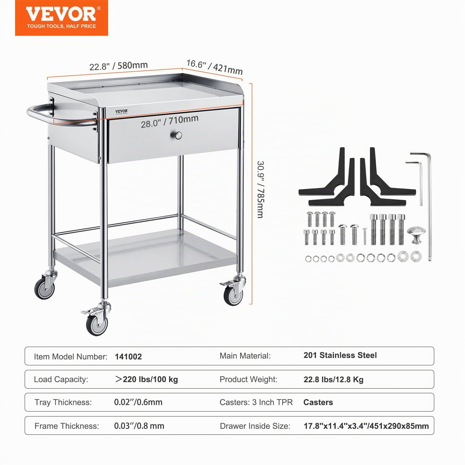 VEVOR Zweistöckiger Laborwagen Gerätewagen Medizintechnik Servierwagen 201 Edelstahl Tragbar Abräumwagen mit Schubladen 100 kg Tragfähigkeit, 710 x 421 x 785 mm (mit Griff) Labor Rollwagen