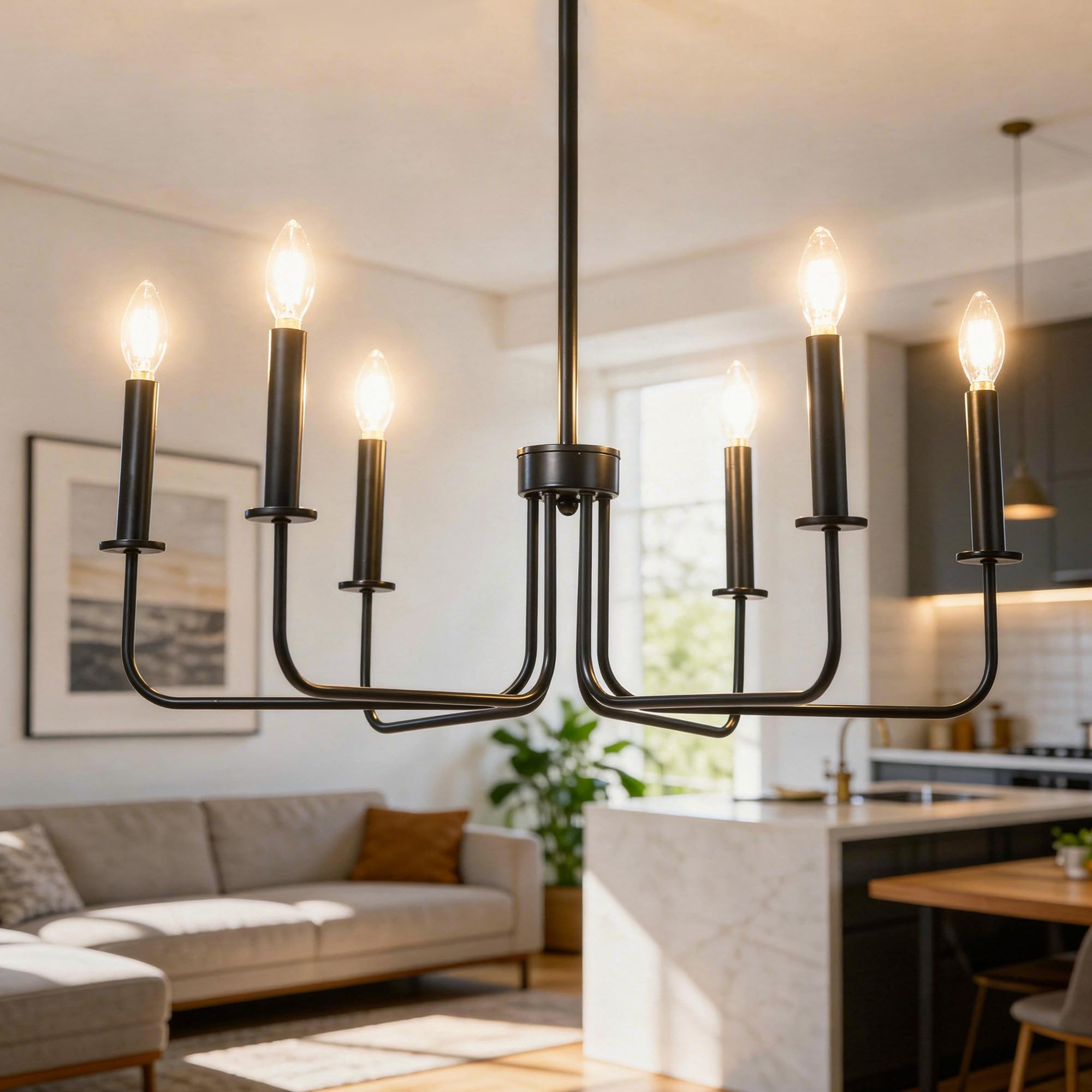 Photo 1 of Phaosio Farmhouse Chandelier, 6-Light Metal Hanging Ceiling Light Fixture for Dining Room, Kitchen Island, Living Room, Entryway, Foyer-Matte Black