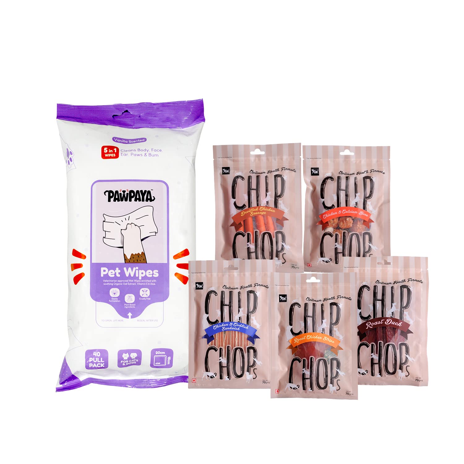 Pawpaya 5 in 1 Multipurpose 40 Pull Pack Pet Cleaning Wipes and 1 Pack of Chicken Sausage, Roast Chicken Strips, Chicken & Calcium Bone, Chicken & Codfish Sandwich & Roast Duck Slice Treats for Dogs (B0BZSF2F5T) Amazon Price History, Amazon Price Tracker