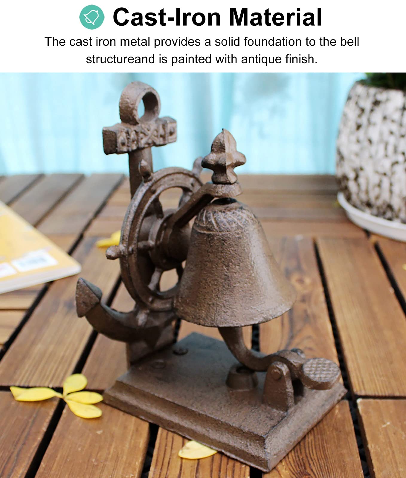 Campana de pared retro de servicio de metal Timón de acero, adorno de anillo de mano de barra elegante y adornado, estilo tradicional Pub cena, campanilla