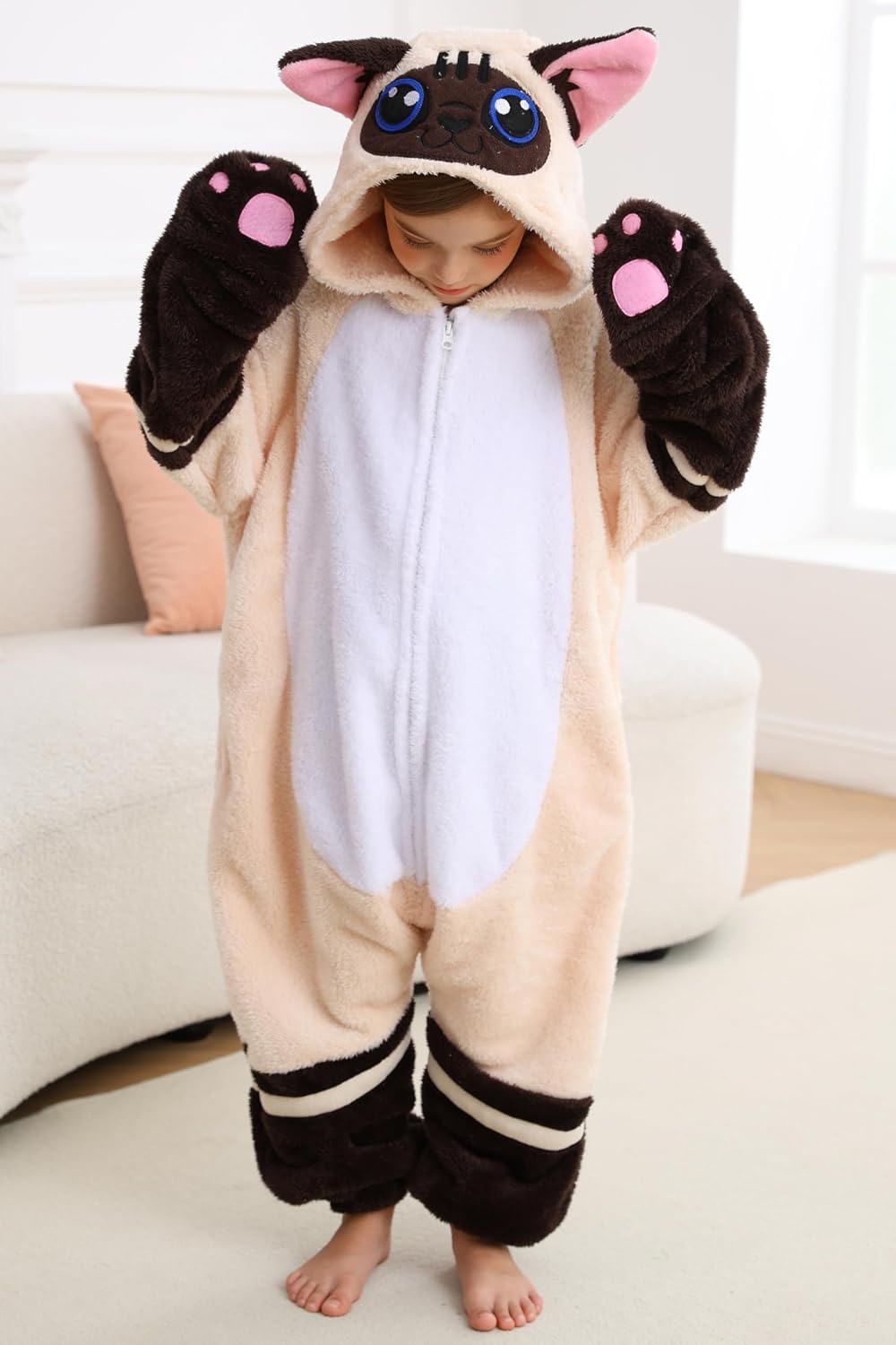 DELEY Unisex Kid Siamese Cat Onesie, One Piece Aniamal Pajamas, Halloween Cosplay Costume Homewear Jumpsuit