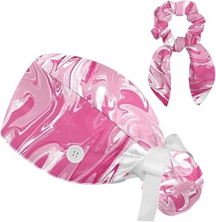 FVQL Set of 2 Bouffant Caps with Hairband Surgical Caps Scrub Cap, Marble Texture Printing