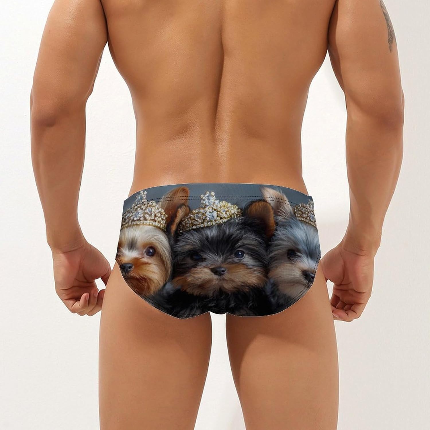 Cutest Yorkies Dog Men's Swimsuit Brief Sexy Bikini Briefs Retro Printed Swimwear Quick Dry Swimming Trunks 3X-Large