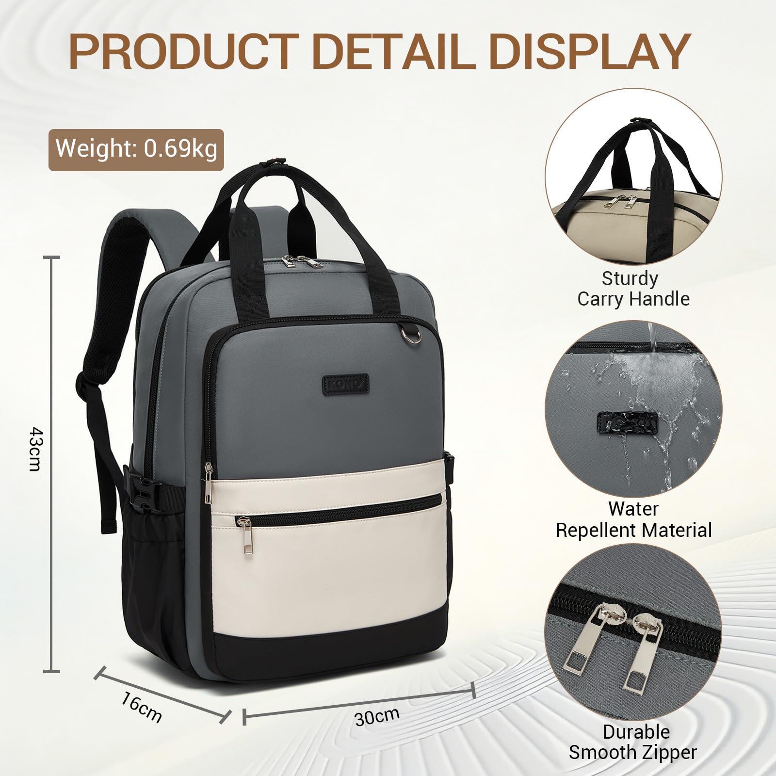 Kono Mochila para Portátil 15,6 Pulgadas Mujer, Gran Capacidad, Impermeable con Bolsillo para Botella, Ideal para Trabajo, Universidad, Viajes(Gris/Beige)