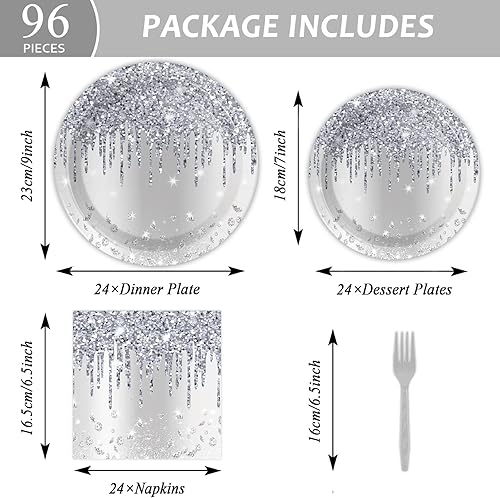 Miniatura 3 de Juego vajilla 96 piezas con brillantina plateada, decoración mesa feliz cumpleaños, diamantes con brillantina, platos de postre, servilletas,