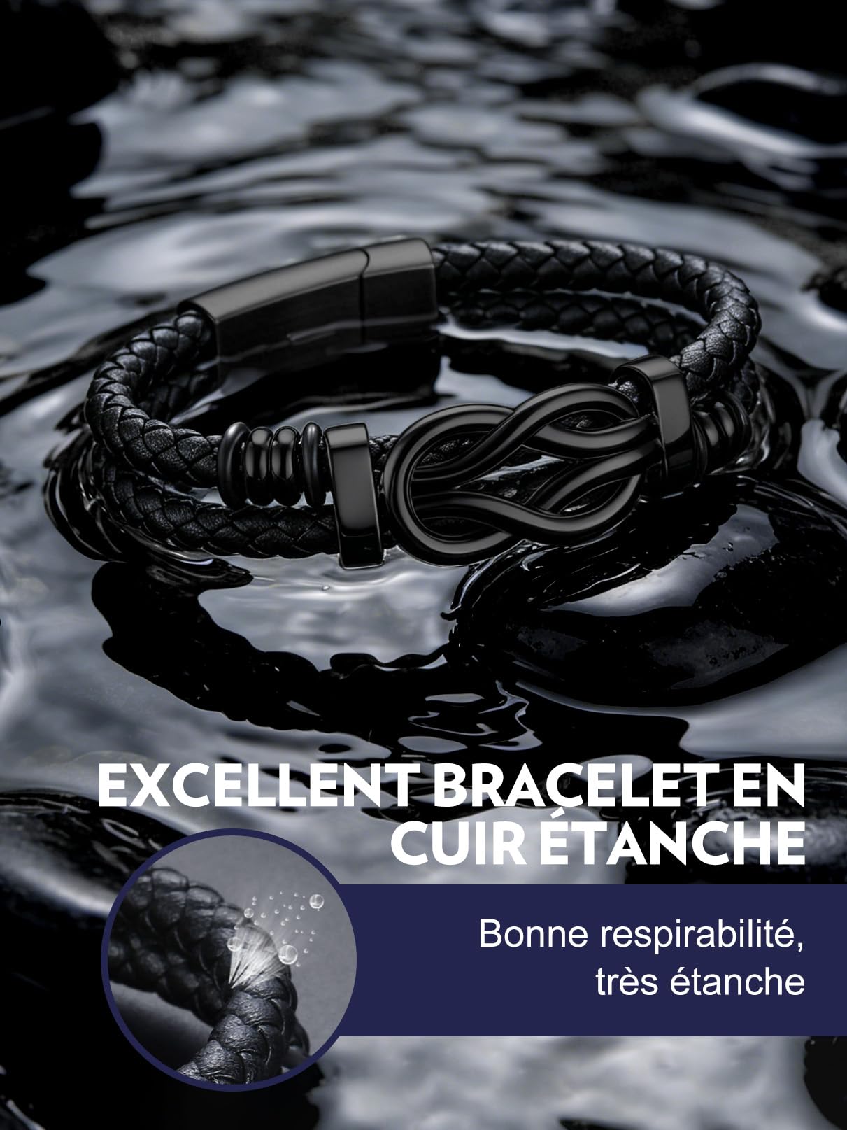Bandmax Bracelet en Cuir Homme 19/21/23cm avec Carte Cadeau FR, DE, ES, IT - Bracelet Tressé Argenté/Noirt avec Nœud Concentrique, Cadeau pour Papa/Mari/Frère/Couple