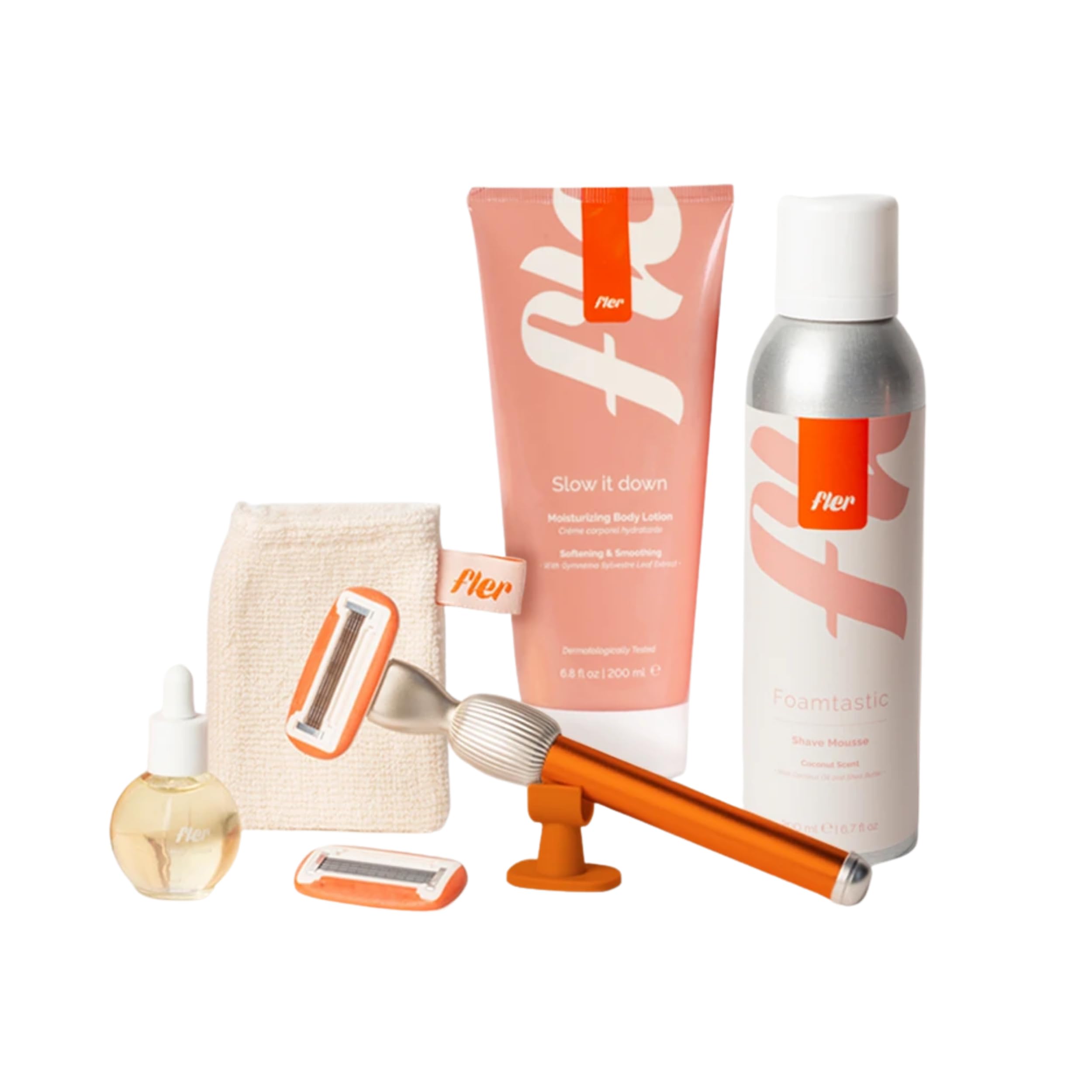 Fler Dream Team Set - Rasoio Donna, Supporto e 2 Lamette di Ricambio, Rasoi Unisex, Set con Mousse Depilazione, Olio Post Depilazione e Crema Corpo Lenitiva, Lametta con Aloe Vera (Arancio, 200ml)