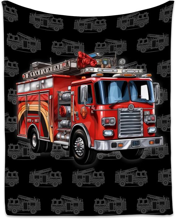 Toddler Blankets for Boys, Cozy Soft Fire Truck Throw Gifts for Kids, Black Flannel Firefighter Blankets for Couch Sofa, 40x50 Inches