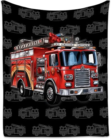 Toddler Blankets for Boys, Cozy Soft Fire Truck Throw Gifts for Kids, Black Flannel Firefighter Blankets for Couch Sofa, 40x50 Inches