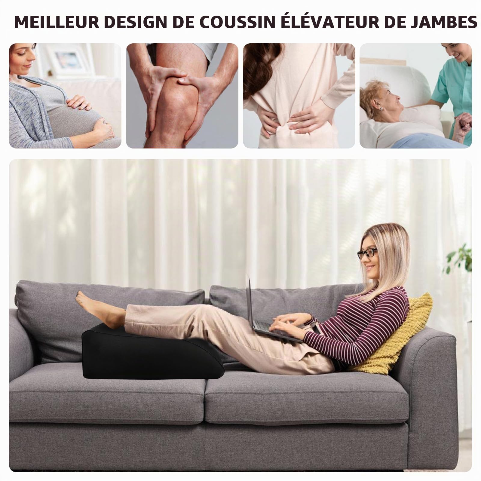 Coussin veineux, gonflable, 65 x 50 x 25 cm, coussin de positionnement pour adultes, pour la circulation sanguine et la réduction des gonflements et du soulagement des jambes, noir