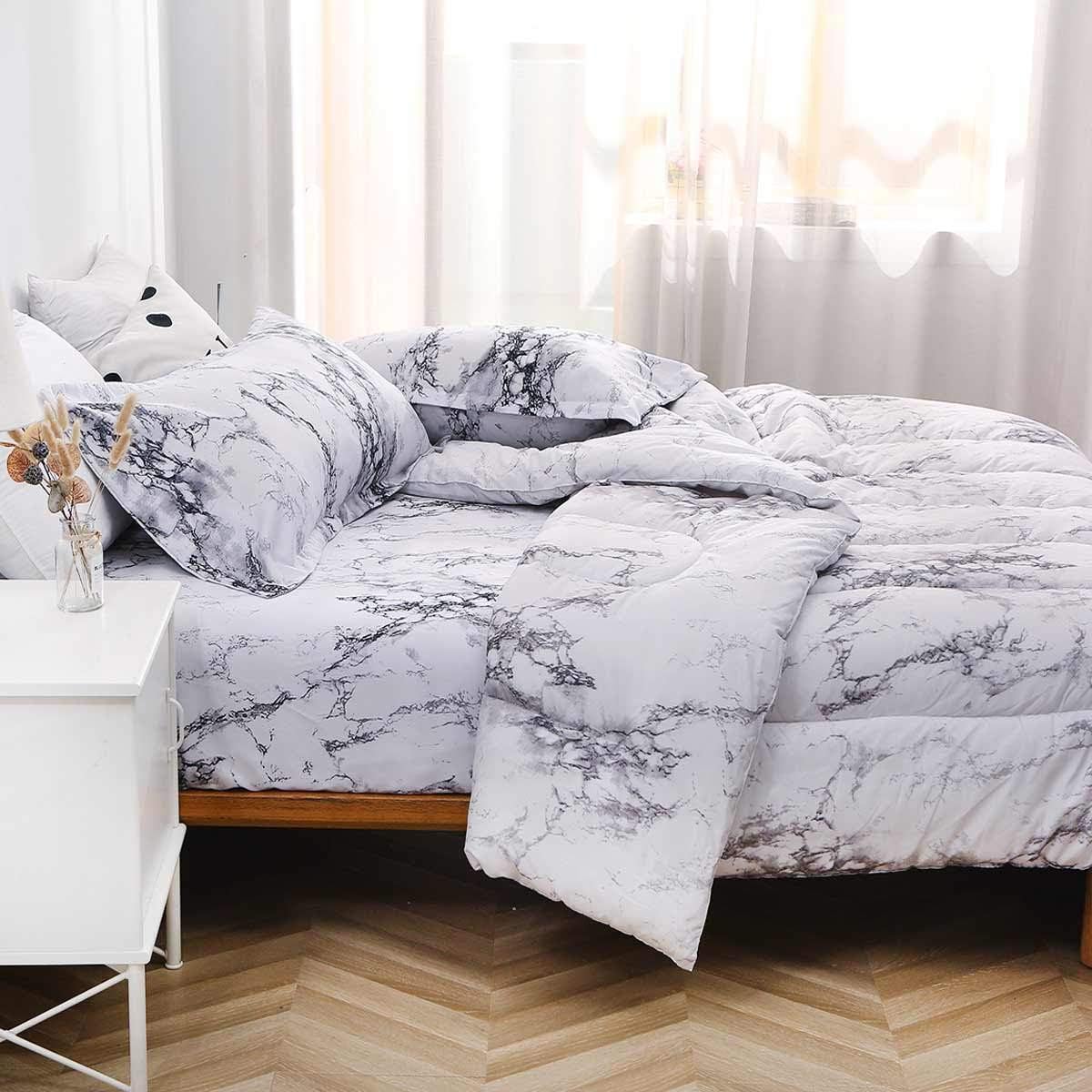 Nanko King Fitted Sheet 78x80 Deep Pocket Mattress Only Marble Printed Luxury Cool Soft Lightweight Microfiber Bedding Set 2 Pillowcases White Grey and Black 10 11 12 14 inch
