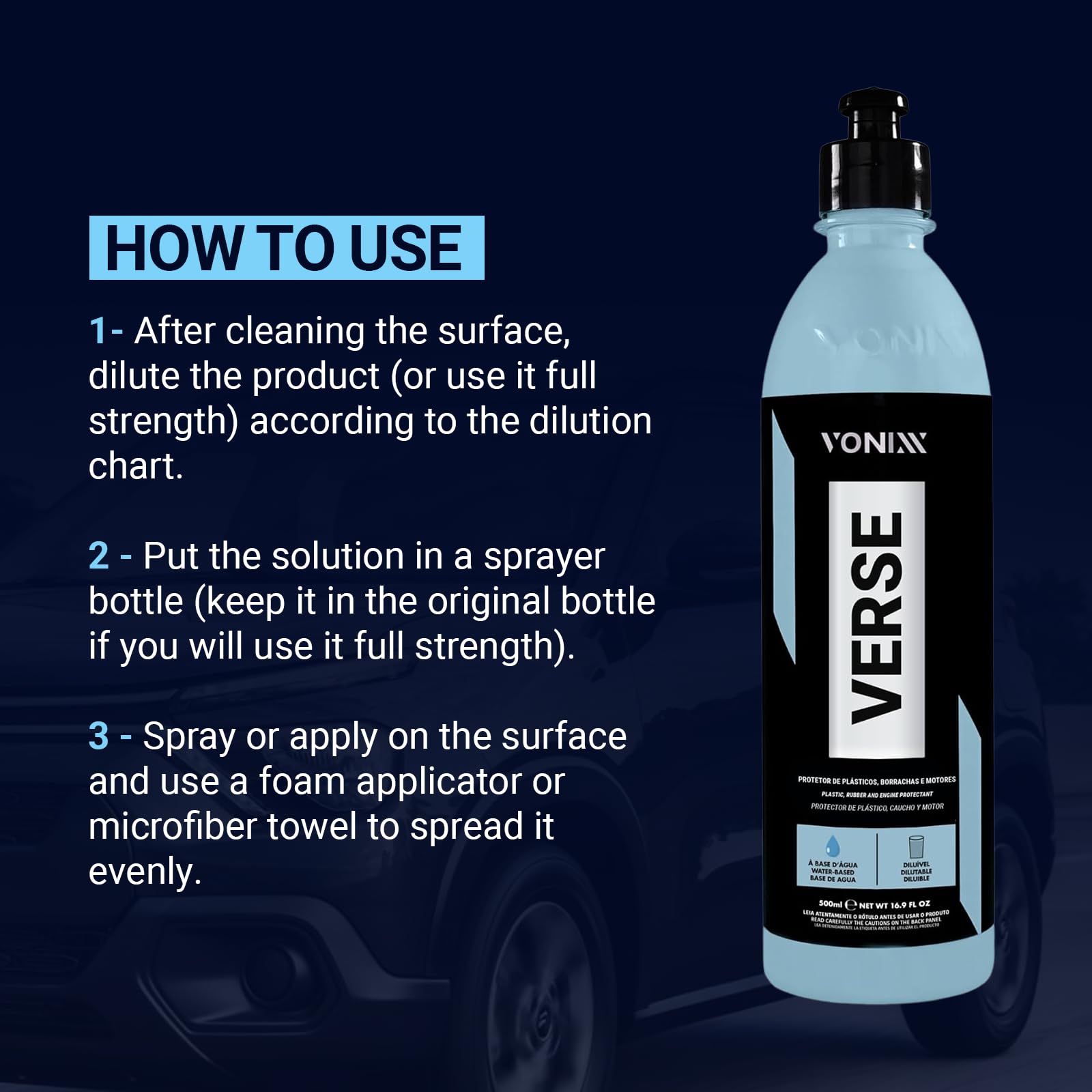 Vonixx Verse Automotive Surface Protector | Multipurpose Car Dressing for Plastic and Rubber | Restore and Protect Interior & Exterior Surfaces | Concentrated | Water Based | 16.9 fl oz (500 ml)