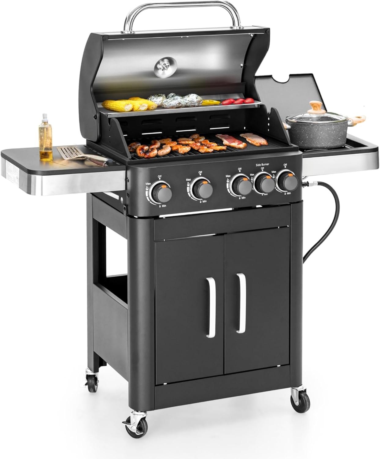 MFSTUDIO Propane Grills with Side Burner, BBQ Grill Griddle Combo for Outdoor Cooking and Patio Backyard Barbecue, with Porcelain-Enameled Cast Iron Grates, Black