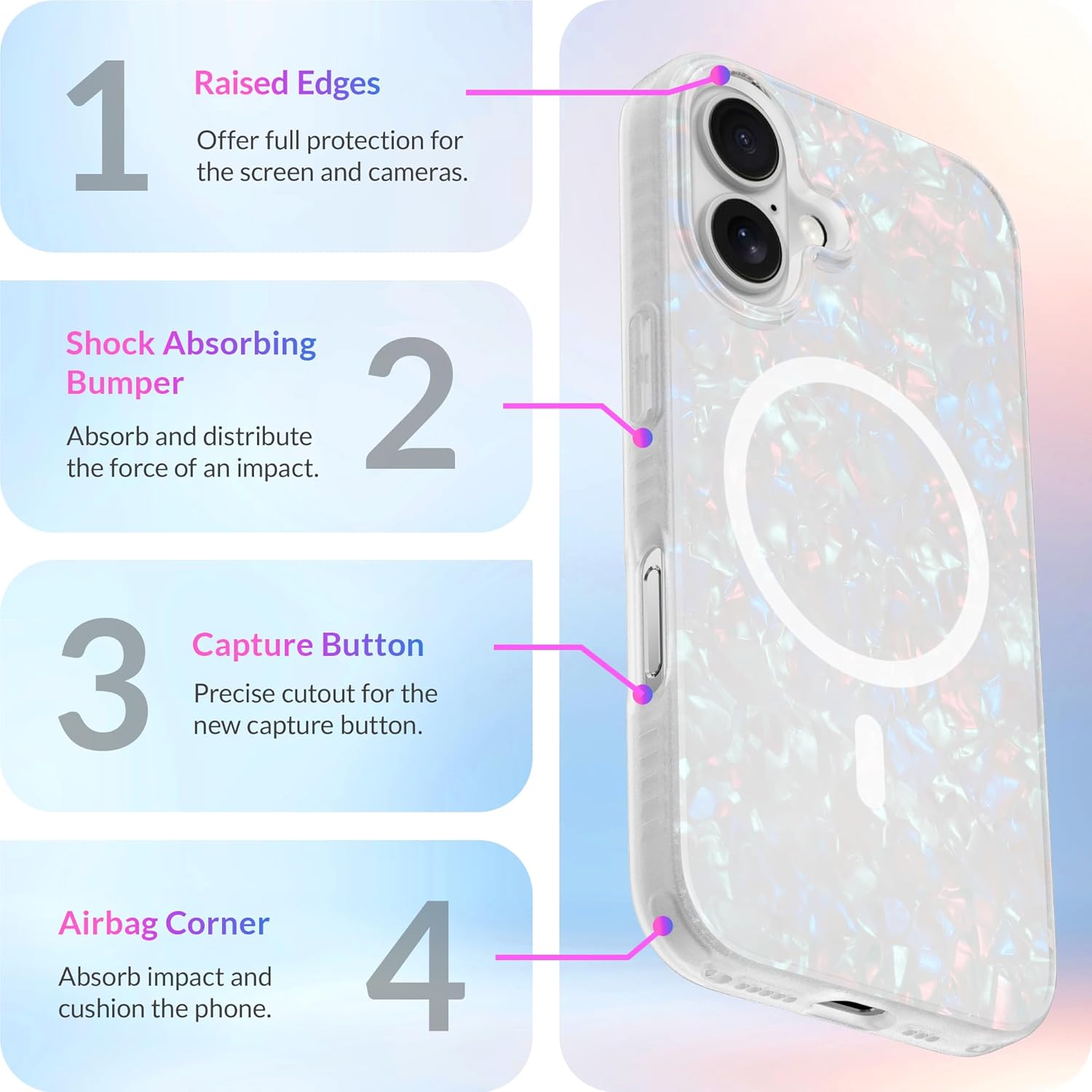 LONLI Hue - Magnetic Case for iPhone 16 - [Compatible with Magsafe] - [360° Shock-Absorbent Bumper] - [Cute and Unique Phone Cover for Girls and Women] - White Pearl Tort - Image 4