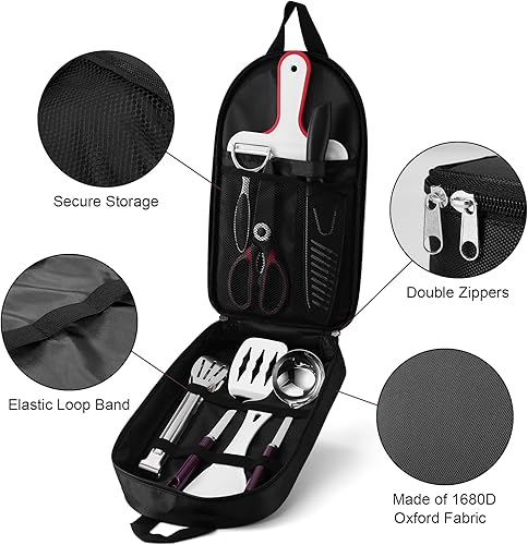 Miniatura 6 de Odoland Juego de 8 utensilios de cocina para acampar para familia y adultos, utensilios de cocina con pinzas, tijeras, tabla de cortar y estuche