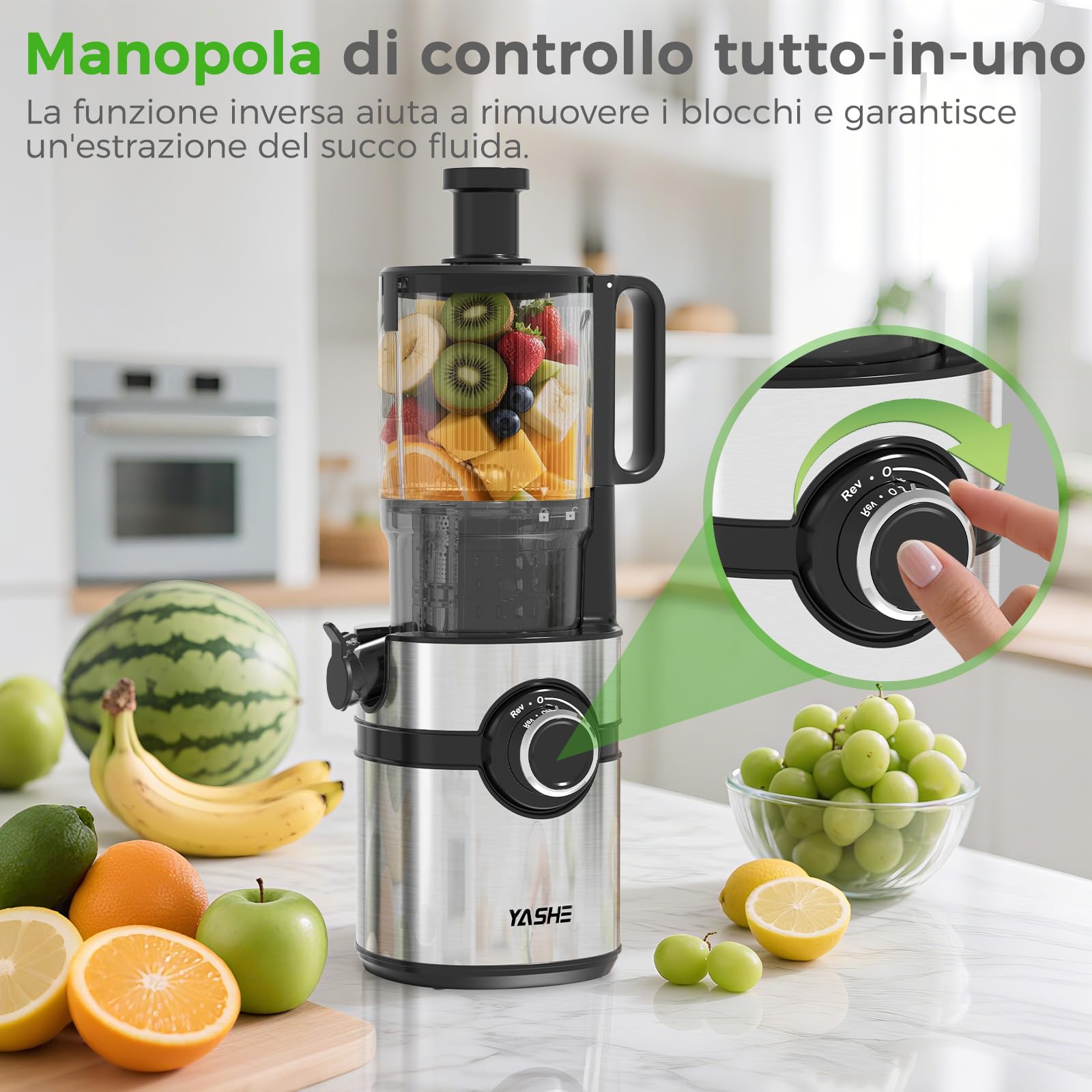 Estrattore di succo a freddo, YASHE juicer machine con ampio tubo di alimentazione da 12,7 cm per frutta e verdura intere, spremiagrumi con autoalimentazione, alta resa di succo, facile da pulire, ner