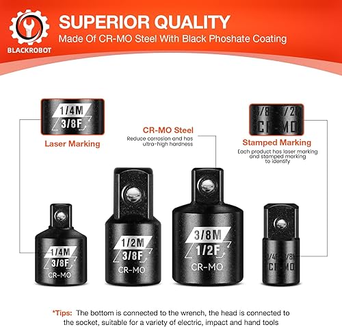 Miniatura 5 de BLACKROBOT Juego de adaptadores de 4 piezas de llaves de impacto, juego de adaptadores de enchufe SAE de 14 pulgadas, 38 pulgadas y 12 pulgadas,