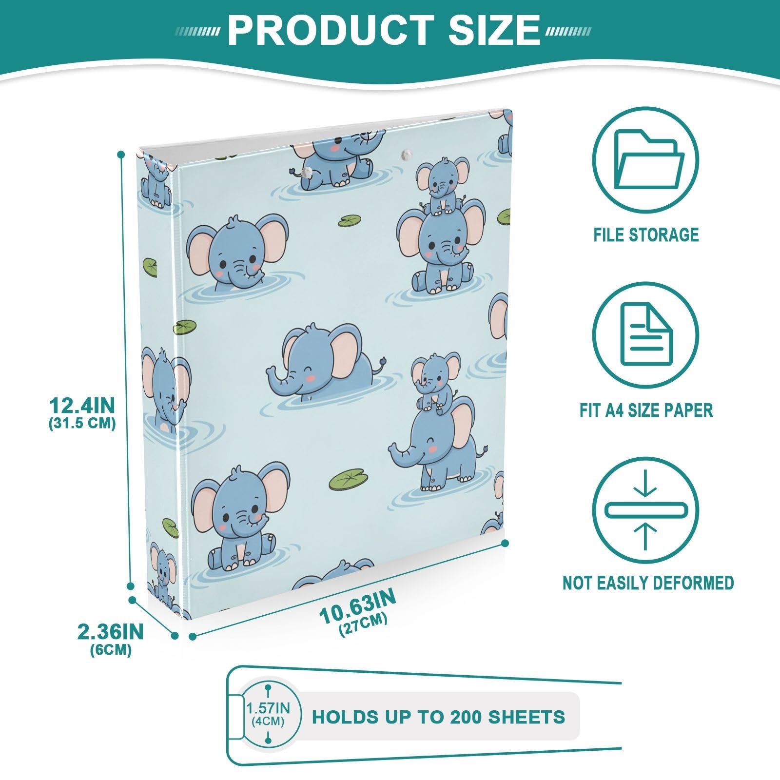 Raccoglitori a 3 anelli, 3,8 cm, con grazioso elefante decorativo, con clip in metallo, formato A4, organizer per casa e ufficio, confezione da 2