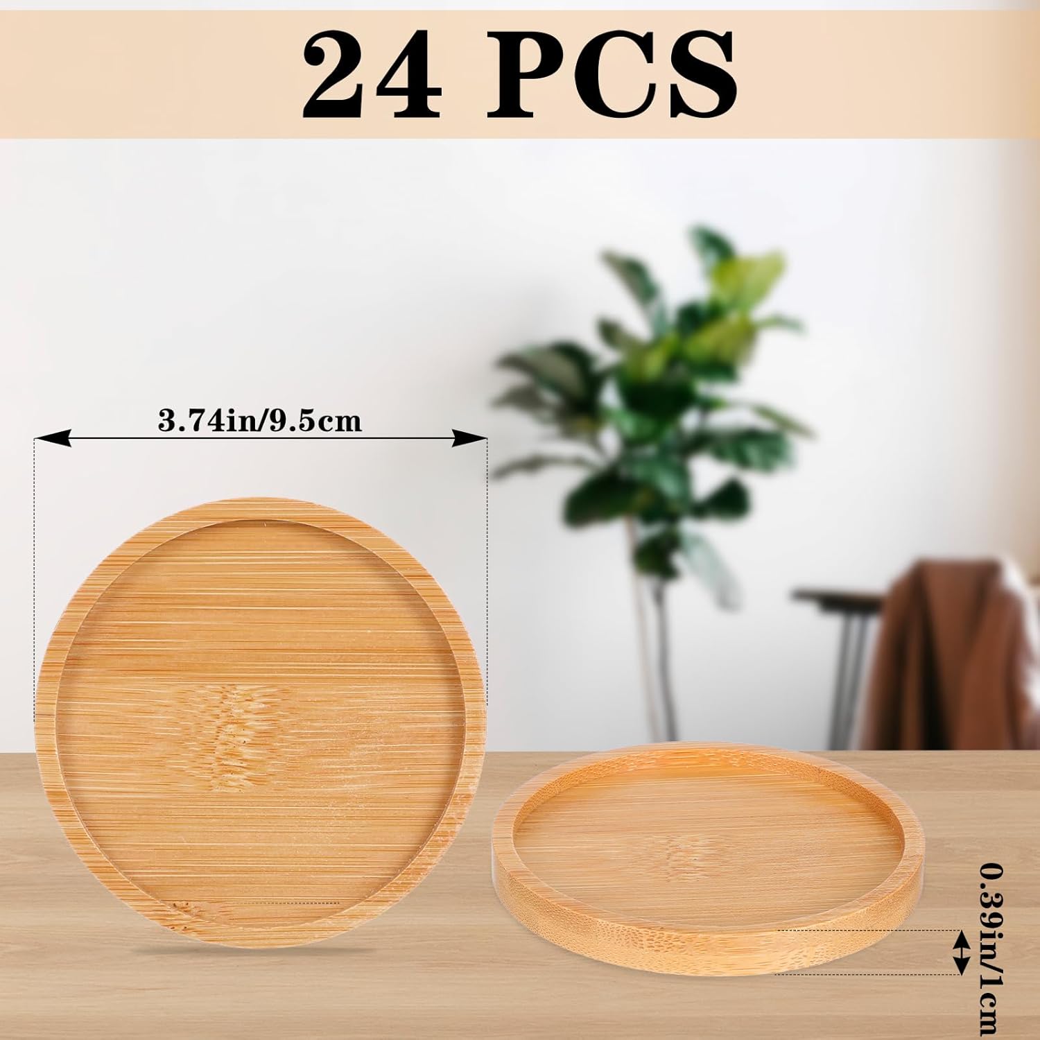 24pcs 3.7’’ Bamboo Plant Saucers Small Round Plant Coasters Drip Trays Plants Saucer DIY Crafts Gifts for Indoor Potted Plants Tabletop Ceramic Cup Holders Table Protectors Wedding Party Decor - Image 2