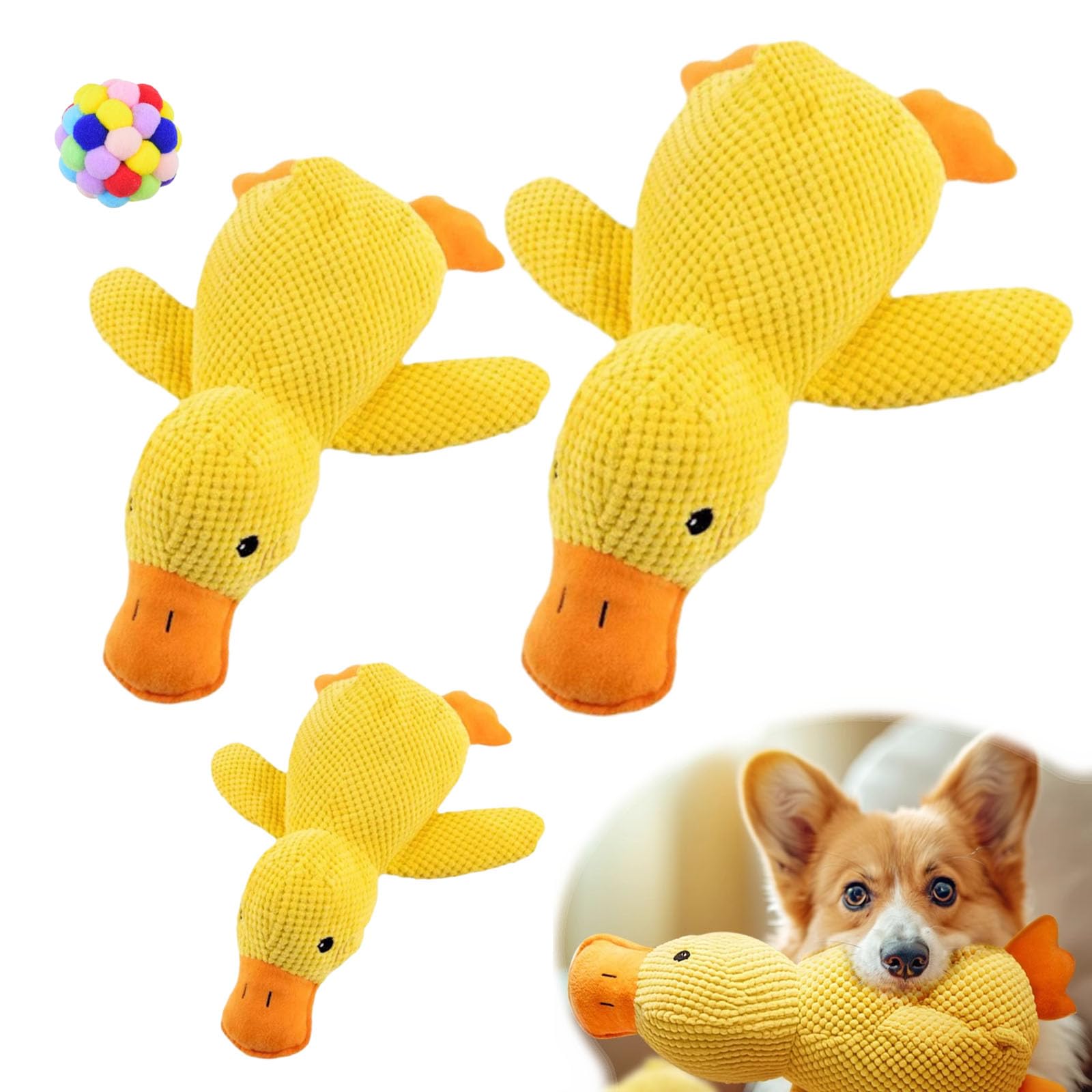 Argumub Calming Duck Dog Toy, Calming Duck Toy for Dogs, Large Yellow Duck With Squeak Resistant Bite Sleep Companion (3pcs mix)