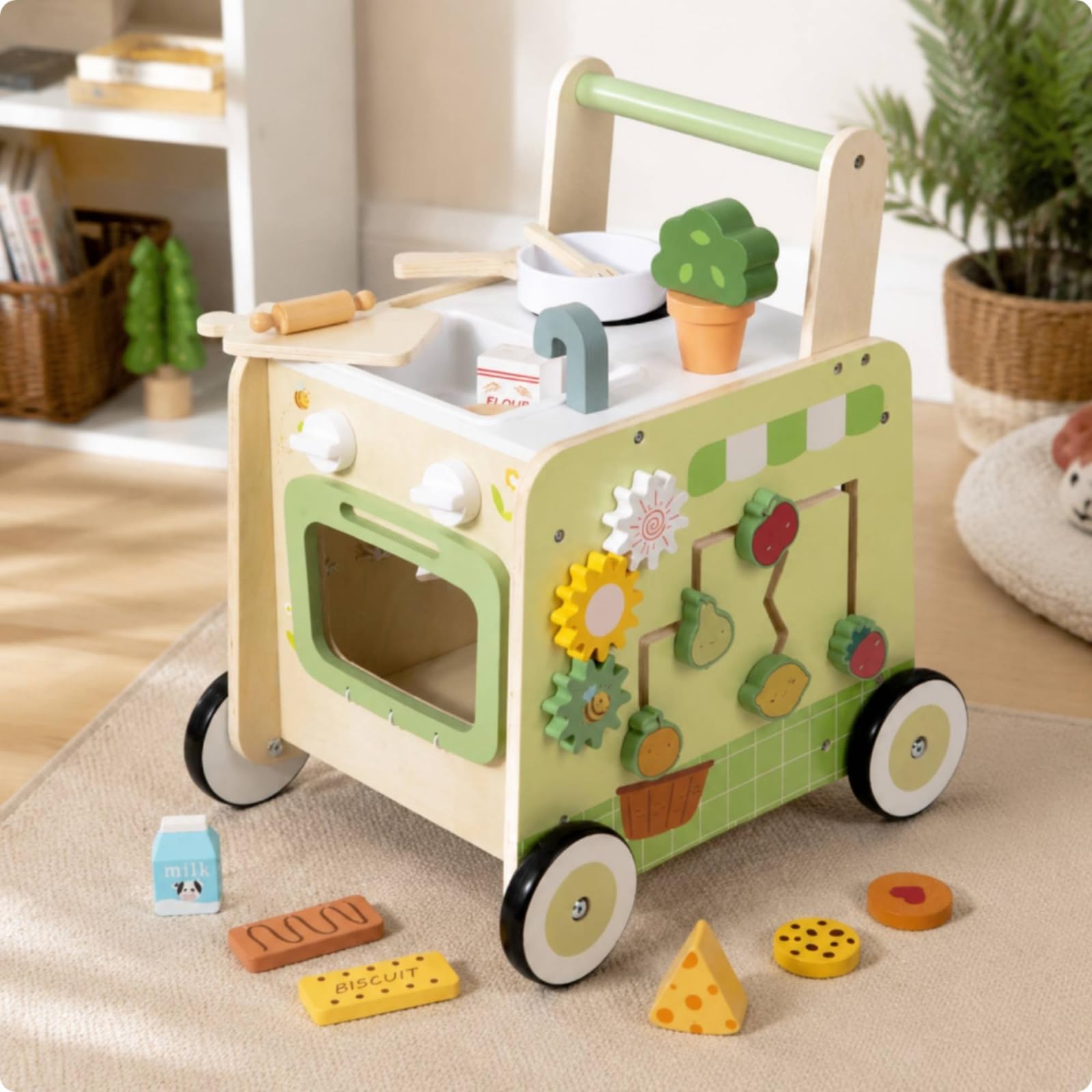harayaa Kinder Lauflernwagen Holz Lernwagen Gehhilfe Spielwagen Küchen Spielaktivität Schiebewagen Rollbasis für Kleinkinder Zuhause Krabbelalter Vorschule