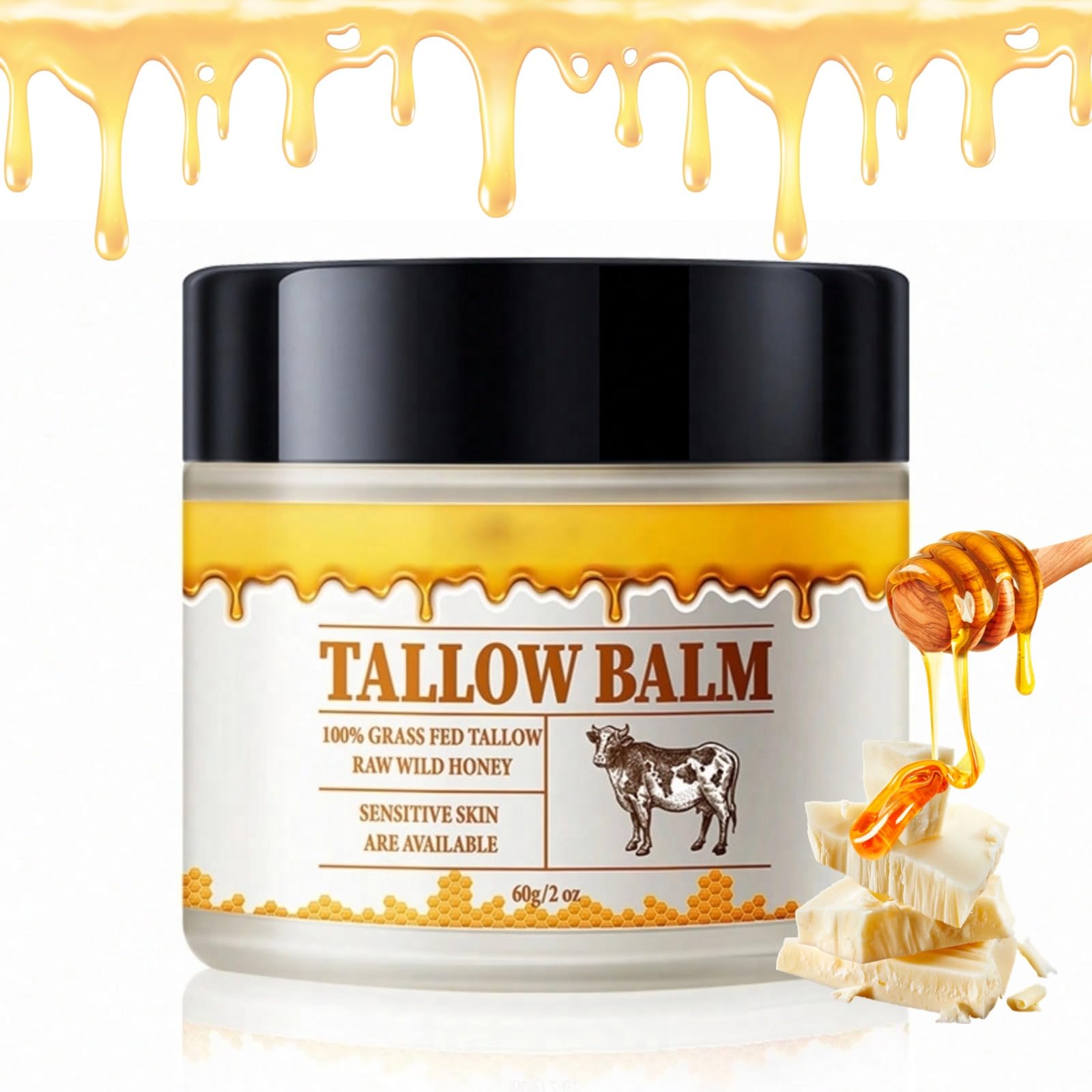 Beef Tallow For Skin, Whipped Tallow Balm Organic Body Butter Face Moisturizer, Natural Grass Fed Beef Tallow & Honey Nourishing and Hydrating Cream for Whole Body & Face Skin Care